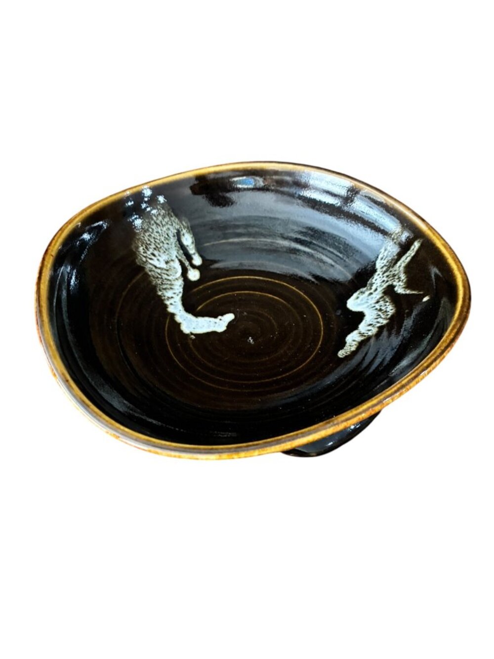 Handcrafted Ceramic Black & Golden Bowl With Abstract Design Signed 9" Vintage